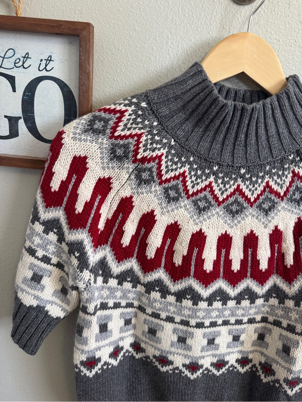 Tommy Hilfiger Gray, Red & Cream Fair Isle Turtleneck Sweater